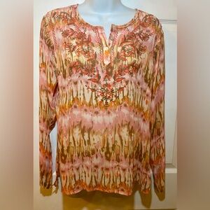 Sundance Womens Blouse Top Size M 100% Silk Tie Dye Boho Embroidered